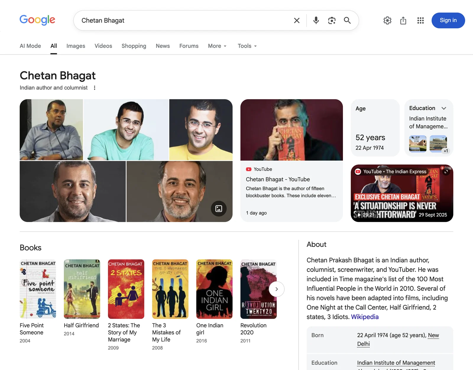 Google search results page for Chetan Bhagat, Indian author and columnist