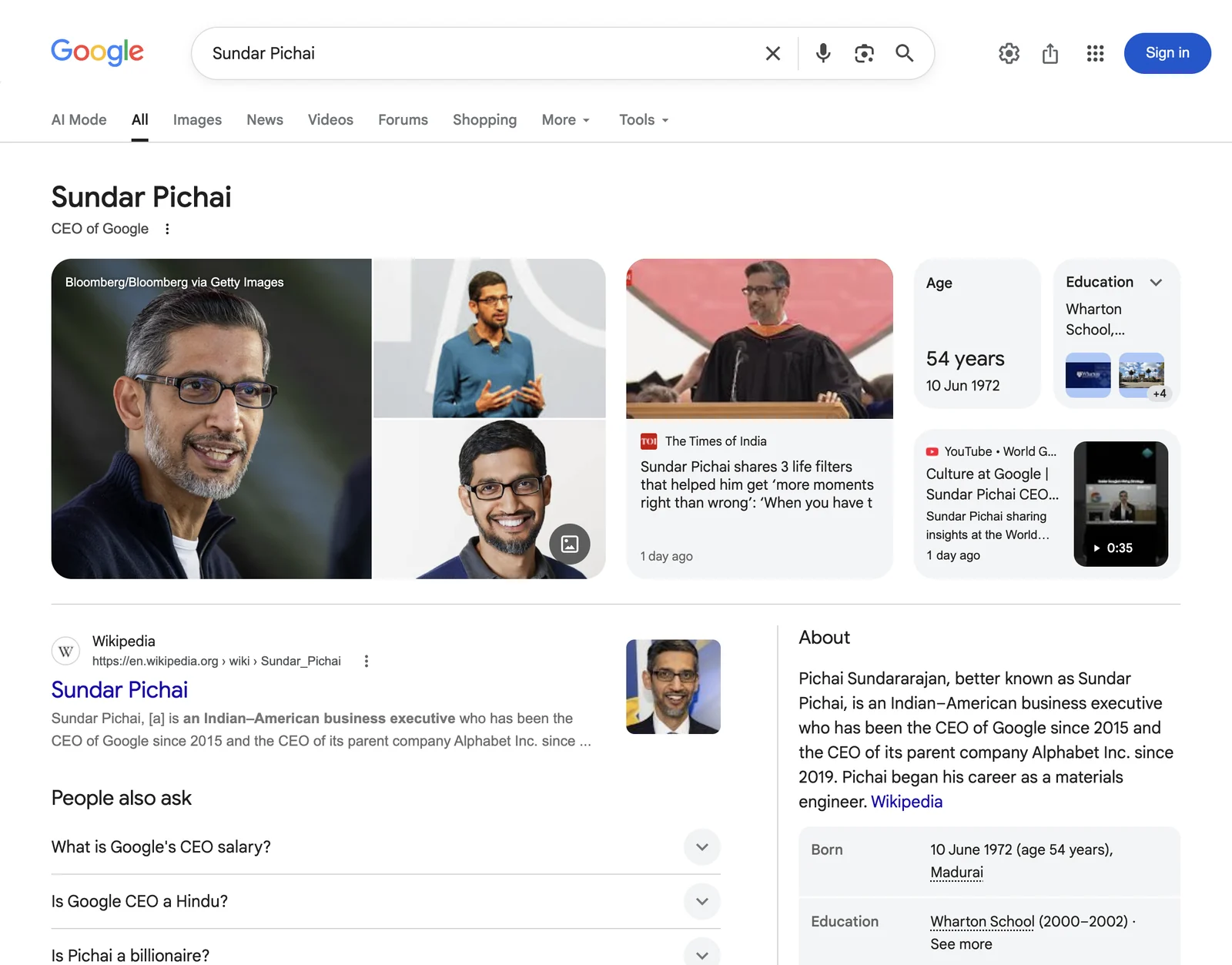 Google search results page for Sundar Pichai, CEO of Google