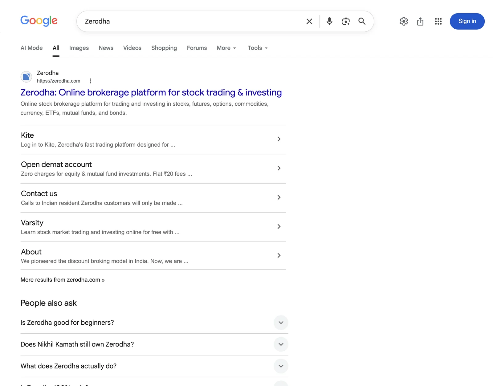 Google search results page for Zerodha, no panel, sitelinks only