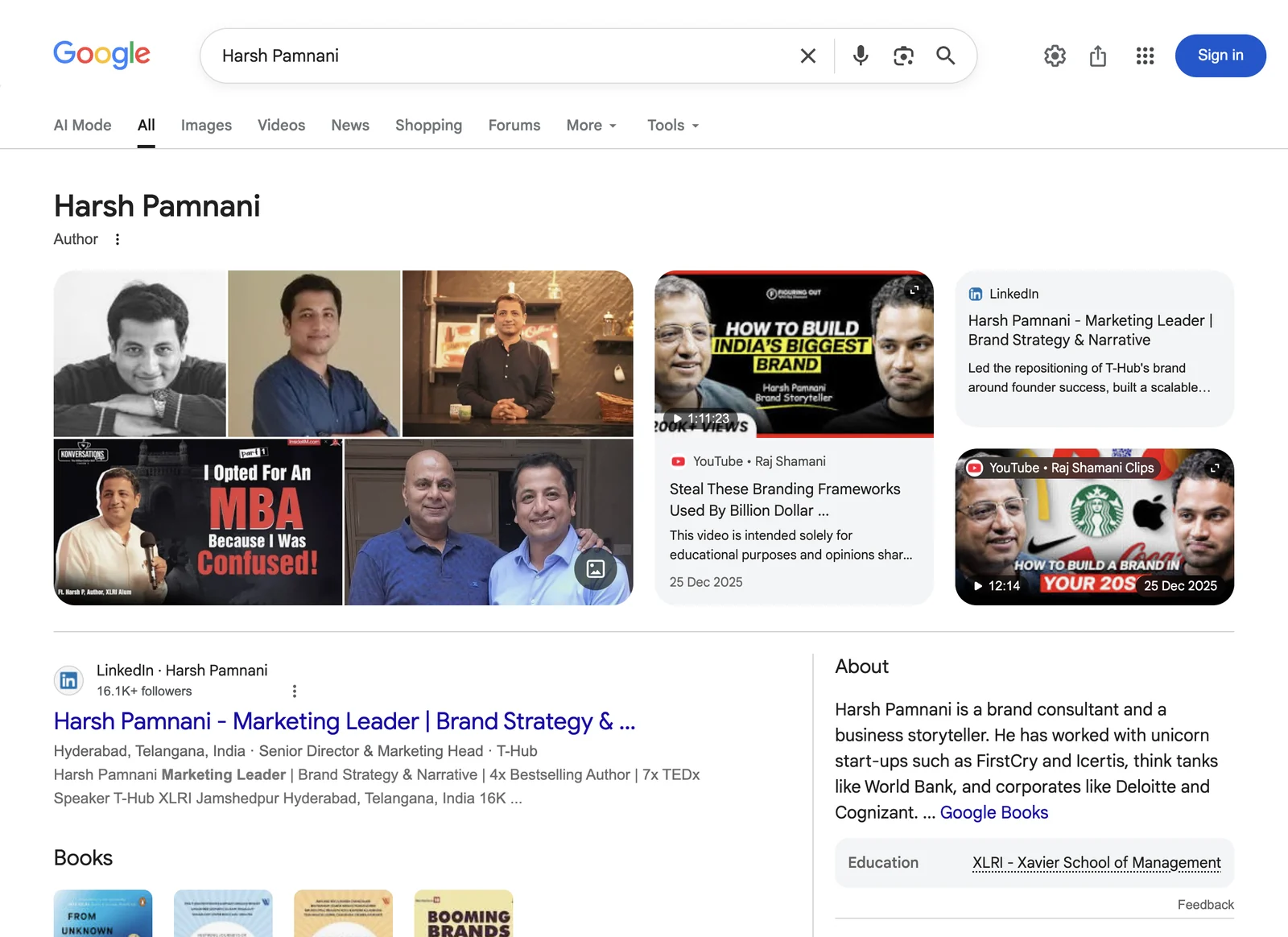 Google search result for Harsh Pamnani, Author and marketer
